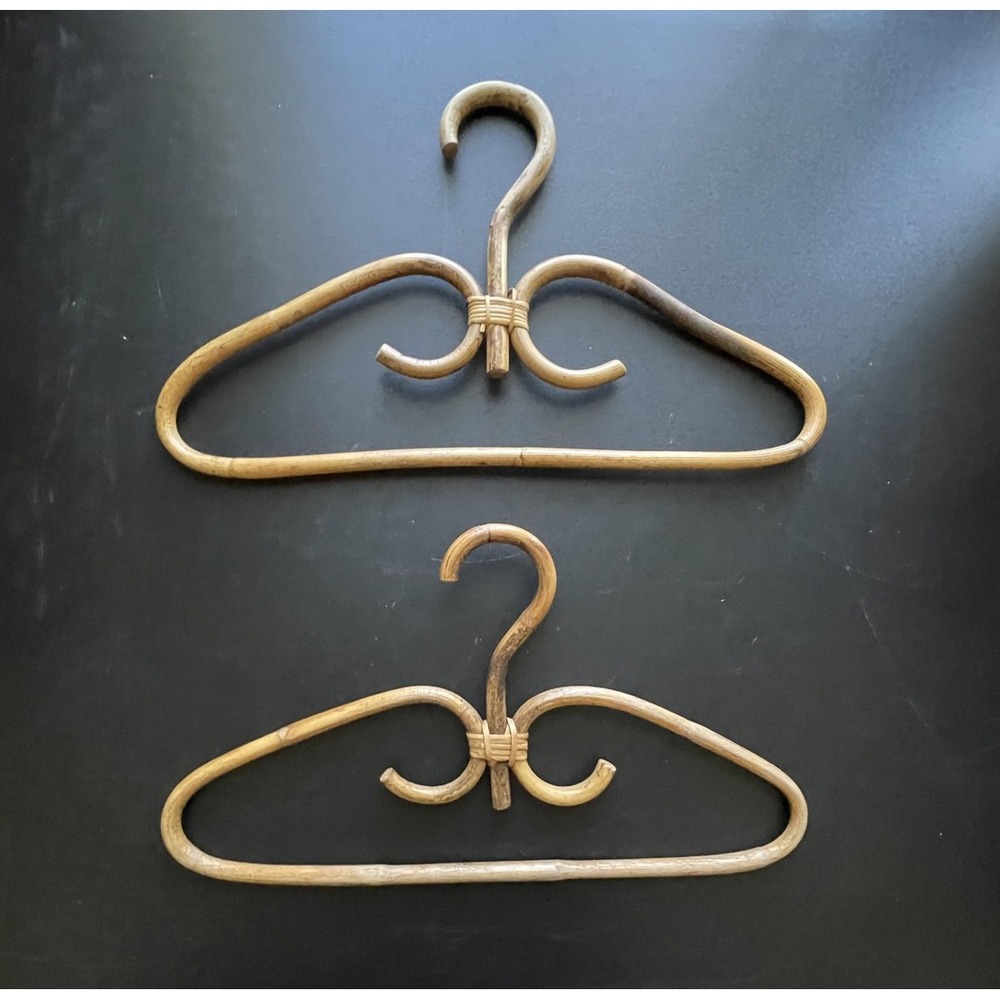 Vintage Bentwood Rattan Cane Clothes Hanger Set of 2 Boho Scroll Wood Decor